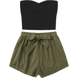 imageFloerns Womens 2 Piece Outfit Summer Plain Tube Crop Top with ShortsMulti B
