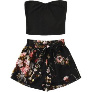 imageFloerns Womens 2 Piece Outfit Summer Plain Tube Crop Top with ShortsMulti Floral