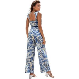 imageFloerns Womens 2 Piece Summer Outfit Floral Print Knot Shoulder Zip Back Crop Cami Top and Maxi Pants SetLight Multi Flower