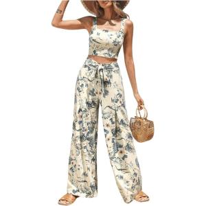 imageFloerns Womens 2 Piece Summer Outfit Floral Print Knot Shoulder Zip Back Crop Cami Top and Maxi Pants SetLight Yellow