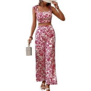 imageFloerns Womens 2 Piece Summer Outfit Floral Print Knot Shoulder Zip Back Crop Cami Top and Maxi Pants SetRed and White