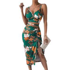 imageFloerns Womens Criss Cross Cami Top Drawstring Split Skirt Set Two Piece OutfitGreen