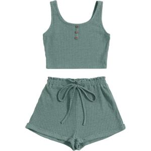 imageFloerns Womens Knit 2 Piece Lounge Set Shorts and Crop Tank Top OutfitMint Green