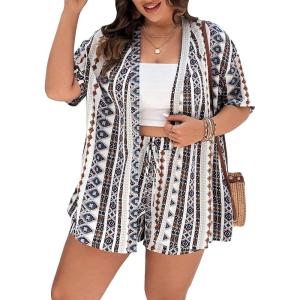 imageFloerns Womens Plus Size 2 Piece Outfit Printed Open Front Kimono and Shorts SetWhite Geo