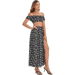 imageFloerns Womens Two Piece Outfit Floral Crop Top and Split Long Skirt SetBlack Floral