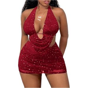 imageFloerns Womens Two Piece Outfits Rhinestone Detail Backless Tie Back Draped Halter Top Bodycon Mini SkirtBurgundy
