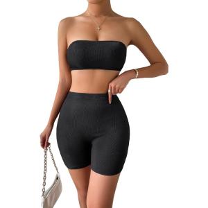 imageFloerns Womens Workout Set 2 Piece Bandeau Crop Top Biker Shorts Yoga OutfitBlack