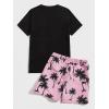 imageFloerns Mens 2 Piece Outfit Graphic Print Tee Shirt Drawstring Track Shorts Set Black Pink XL