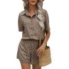 imageFloerns Womens 2 Piece Outfits Allover Print Drop Shoulder Shirt and Casual Shorts SetMocha Brown