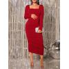 imageFloerns Womens Maternity Square Neck Ruched Bodycon Dress Long Sleeve Solid Midi DressesBurgundy