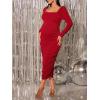 imageFloerns Womens Maternity Square Neck Ruched Bodycon Dress Long Sleeve Solid Midi DressesBurgundy