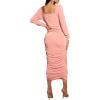 imageFloerns Womens Maternity Square Neck Ruched Bodycon Dress Long Sleeve Solid Midi DressesCoral Pink