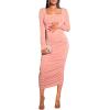 imageFloerns Womens Maternity Square Neck Ruched Bodycon Dress Long Sleeve Solid Midi DressesCoral Pink
