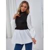 imageFloerns Womens Patchwork Ruffle Hem Rib Knit Mock Neck Long Sleeve Peplum Blouses TopBlack White Multi