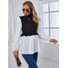 imageFloerns Womens Patchwork Ruffle Hem Rib Knit Mock Neck Long Sleeve Peplum Blouses TopBlack White Multi