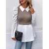 imageFloerns Womens Patchwork Ruffle Hem Rib Knit Mock Neck Long Sleeve Peplum Blouses TopBrown