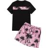 imageFloerns Mens 2 Piece Outfit Graphic Print Tee Shirt Drawstring Track Shorts Set Black Pink XL