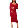 imageFloerns Womens Maternity Square Neck Ruched Bodycon Dress Long Sleeve Solid Midi DressesBurgundy