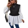 imageFloerns Womens Patchwork Ruffle Hem Rib Knit Mock Neck Long Sleeve Peplum Blouses TopBlack White Multi