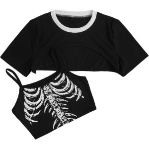 imageFloerns Womens 2 Piece Contrast Binding Super Crop Top and Skeleton Graphic Camisole SetMulticolor