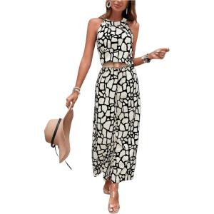 imageFloerns Womens 2 Piece Outfit Allover Print Sleeveless Halter Top Wide Leg Pants SetWhite