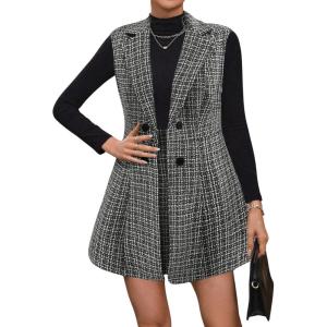 imageFloerns Womens 2 Piece Outfit Workwear Plaid Print Lapel Neck Vest Blazer and Skirt SetBlack