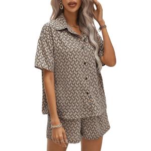 imageFloerns Womens 2 Piece Outfits Allover Print Drop Shoulder Shirt and Casual Shorts SetMocha Brown
