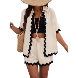 imageFloerns Womens 2 Piece Outfits Scallop Trim Button Down Shirts with Shorts SetApricot