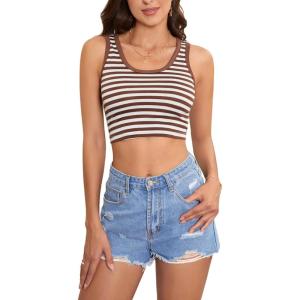 imageFloerns Womens Casual Sleeveless Camisole Scoop Neck Slim Fit Crop Tank TopBrown and White