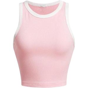 imageFloerns Womens Casual Sleeveless Camisole Scoop Neck Slim Fit Crop Tank TopPink and White