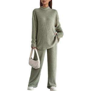 imageFloerns Womens Maternity Rib Knit Tee Adjustable Waist Pants Set 2 Piece OutfitMint Green