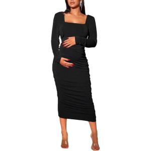 imageFloerns Womens Maternity Square Neck Ruched Bodycon Dress Long Sleeve Solid Midi DressesBlack