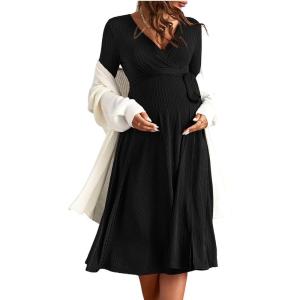 imageFloerns Womens Maternity Wrap V Neck Long Sleeve Rib Knit A Line Midi DressBlack