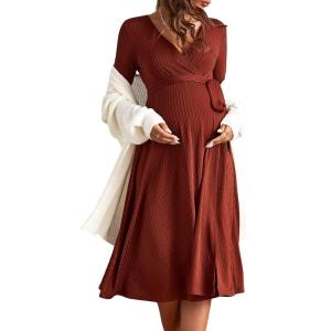 imageFloerns Womens Maternity Wrap V Neck Long Sleeve Rib Knit A Line Midi DressBurnt Orange