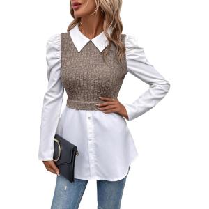 imageFloerns Womens Patchwork Ruffle Hem Rib Knit Mock Neck Long Sleeve Peplum Blouses TopBrown