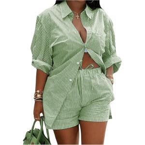 imageFloerns Womens Plus Size 2 Piece Outfit Striped Print Shirt Top and Shorts SetGreen