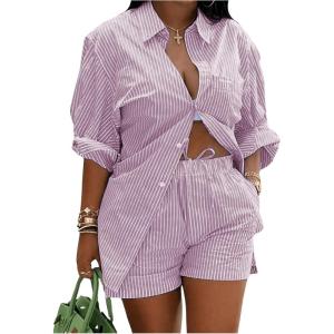 imageFloerns Womens Plus Size 2 Piece Outfit Striped Print Shirt Top and Shorts SetHot Pink