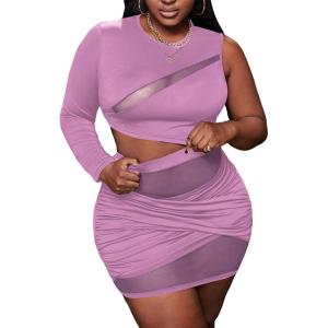 imageFloerns Womens Plus Size Ruched Skirt Set Contrast Mesh Crop Top 2 Piece OutfitPurple