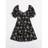 imageFloerns Womens Summer Drawstring Sweetheart Neck Puff Sleeve A Line Short DressBlack Flower