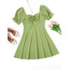imageFloerns Womens Summer Drawstring Sweetheart Neck Puff Sleeve A Line Short DressGreen Solid