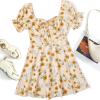 imageFloerns Womens Summer Drawstring Sweetheart Neck Puff Sleeve A Line Short DressYellow Multi