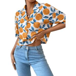 imageFloerns Womens All Over Print Button Down Short Sleeve Shirt Blouse Crop TopA Orange Multi