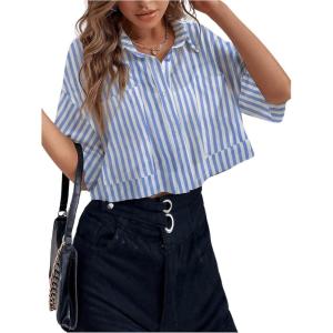 imageFloerns Womens All Over Print Button Down Short Sleeve Shirt Blouse Crop TopLight Blue White