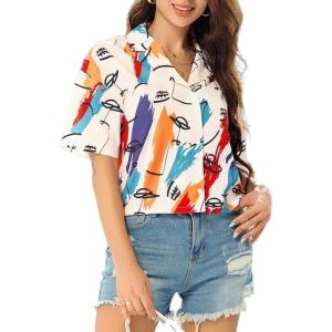imageFloerns Womens All Over Print Button Down Short Sleeve Shirt Blouse Crop TopPrint Multi