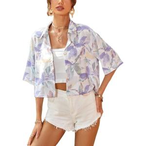 imageFloerns Womens All Over Print Button Down Short Sleeve Shirt Blouse Crop TopPurple Multi