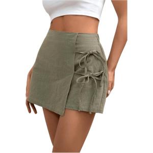 imageFloerns Womens Solid Wrap Front Linen Skirt Shorts Drawstring Knot Side Skort ShortsArmy Green