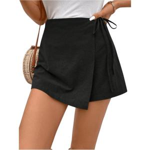 imageFloerns Womens Solid Wrap Front Linen Skirt Shorts Drawstring Knot Side Skort ShortsBlack