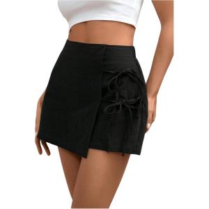 imageFloerns Womens Solid Wrap Front Linen Skirt Shorts Drawstring Knot Side Skort ShortsBlack Solid
