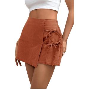 imageFloerns Womens Solid Wrap Front Linen Skirt Shorts Drawstring Knot Side Skort ShortsBrown