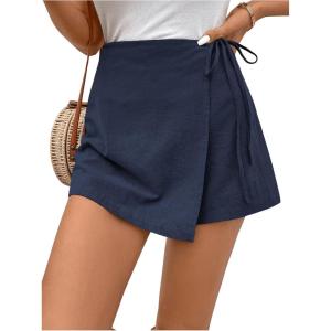 imageFloerns Womens Solid Wrap Front Linen Skirt Shorts Drawstring Knot Side Skort ShortsDark Blue